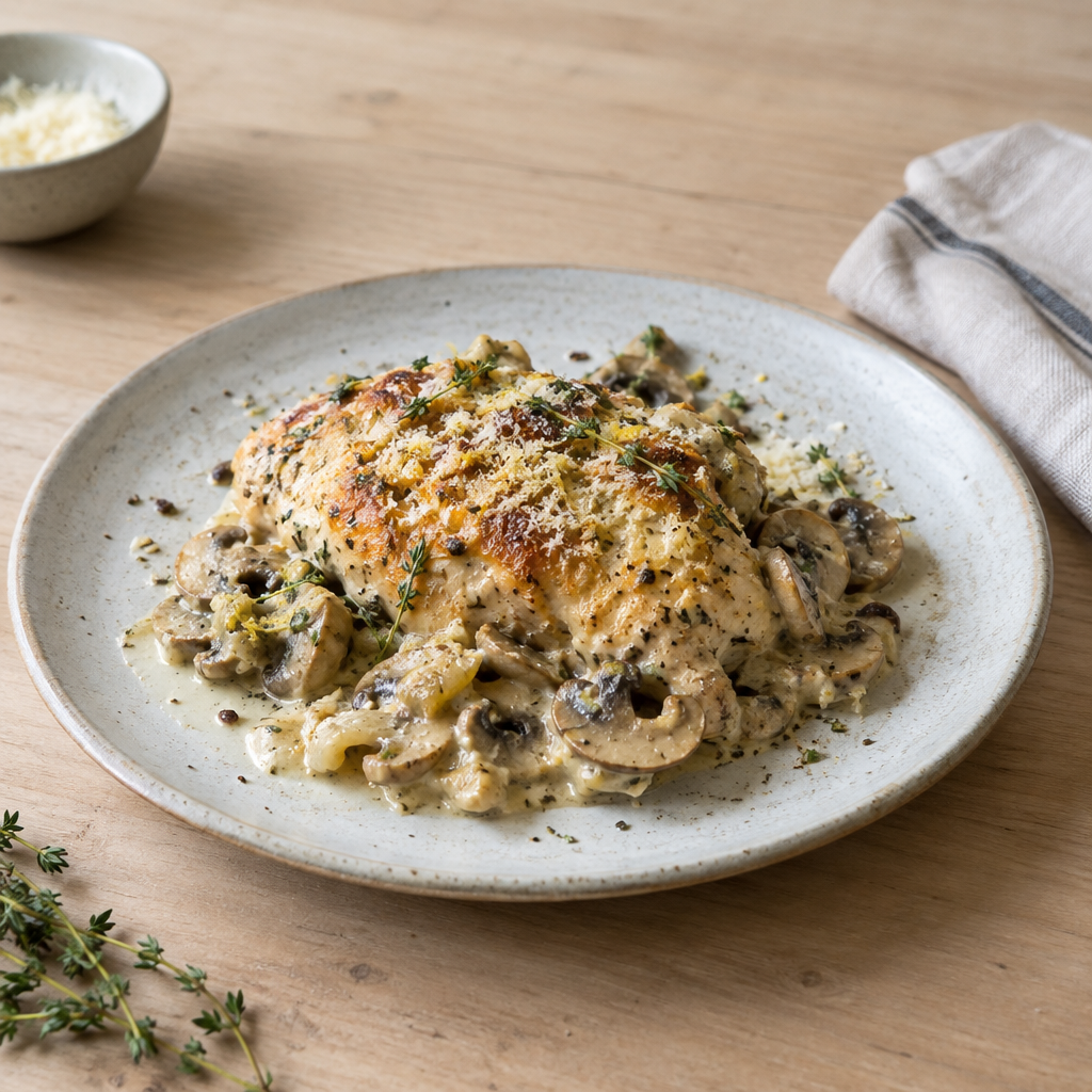Kekik ve Parmesanlı Kremalı Mantarlı Fırın Tavuk